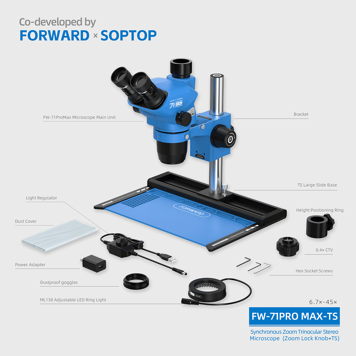 Microscopio Trinocular Forward FW-71Pro Max-TS – ¡Potencia de 71x!