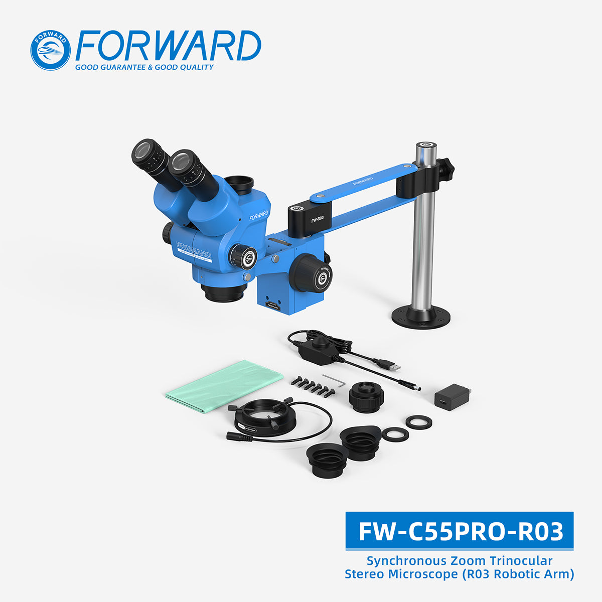 Microscopio Trinocular FW-C55Pro – Zoom Síncrono y Brazo Robótico R03